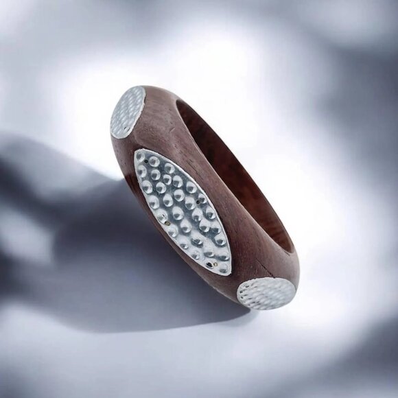 Geometric Inlay Wood Bangle with Textured Accents - Modern Bohemian Bracelet - Picture 2 of 2